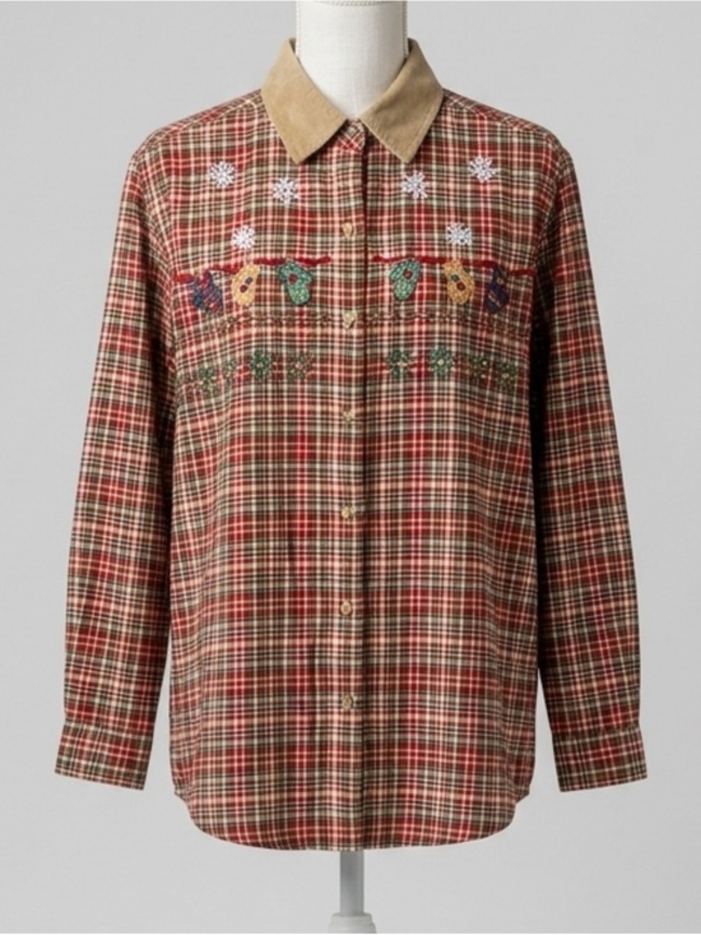 Vintage 90s Casey & Max Plaid Embroidered Mitten Snowflake Button Down Medium